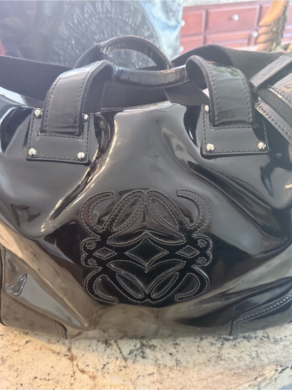 Loewe Black Patent Leather Tote with Embossed Logo